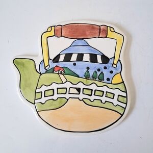 Ceramic Hand Painted Tea Pot Shape Hot Plate Trivet Country Scene Dave Creations